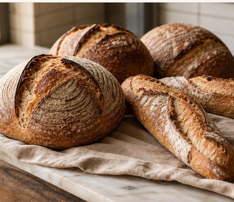 Fresh sourdough loaves and baguettes on linen in morning light